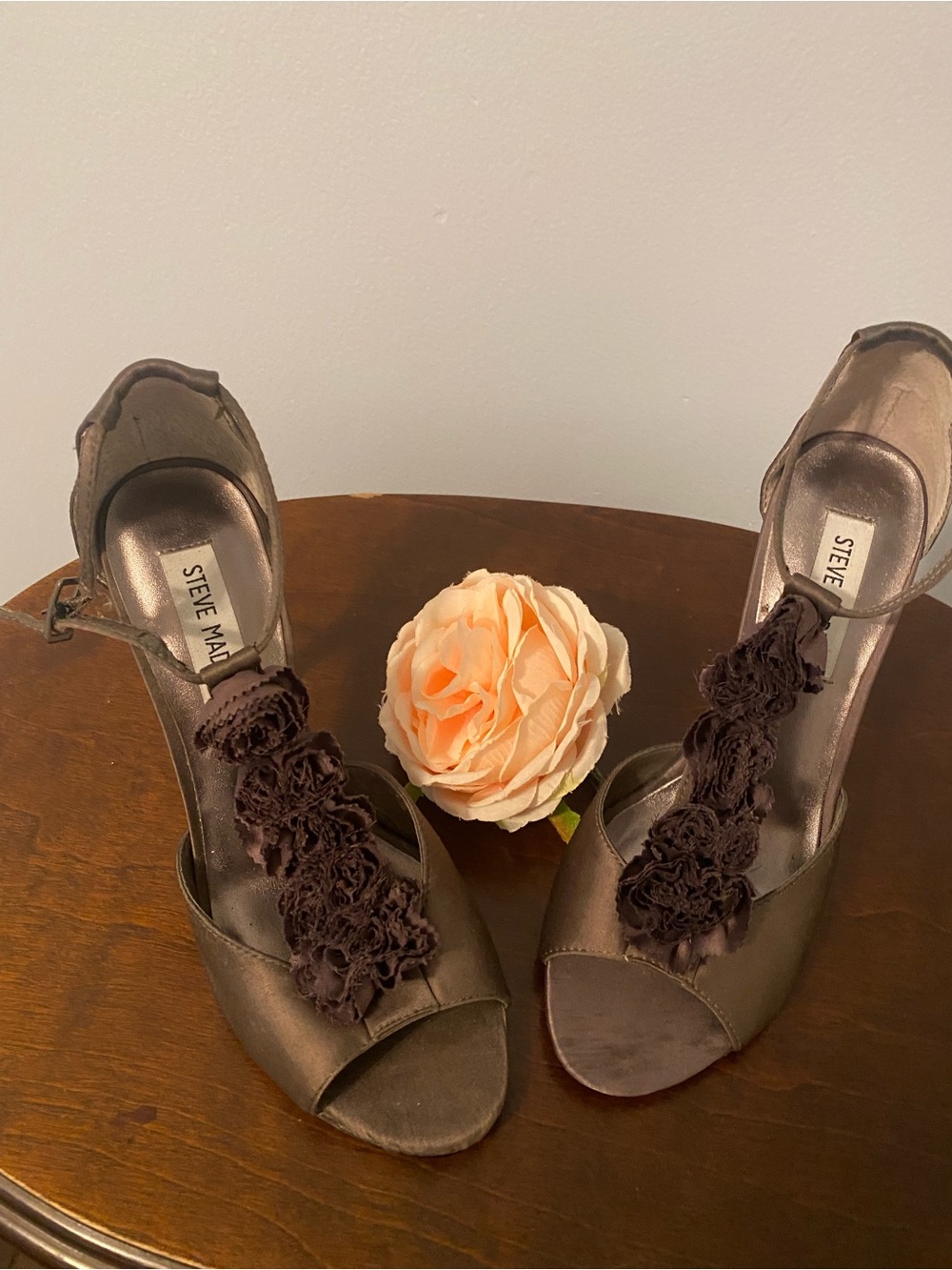 Steve Madden Brown Floral T-Strap Peep-Toe Heels with Rosette Detail